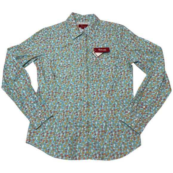 Panhandle Juniors Pearl Snap Shirt Turquoise Blue Floral Cactus Print Medium - Picture 4 of 12
